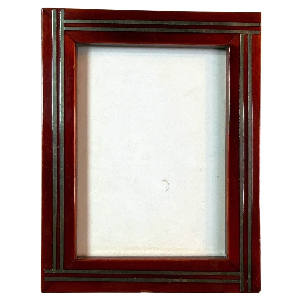 Vintage MCM Wood Picture Frame Brass Inlay Accent Retro Home Decor Made In Korea